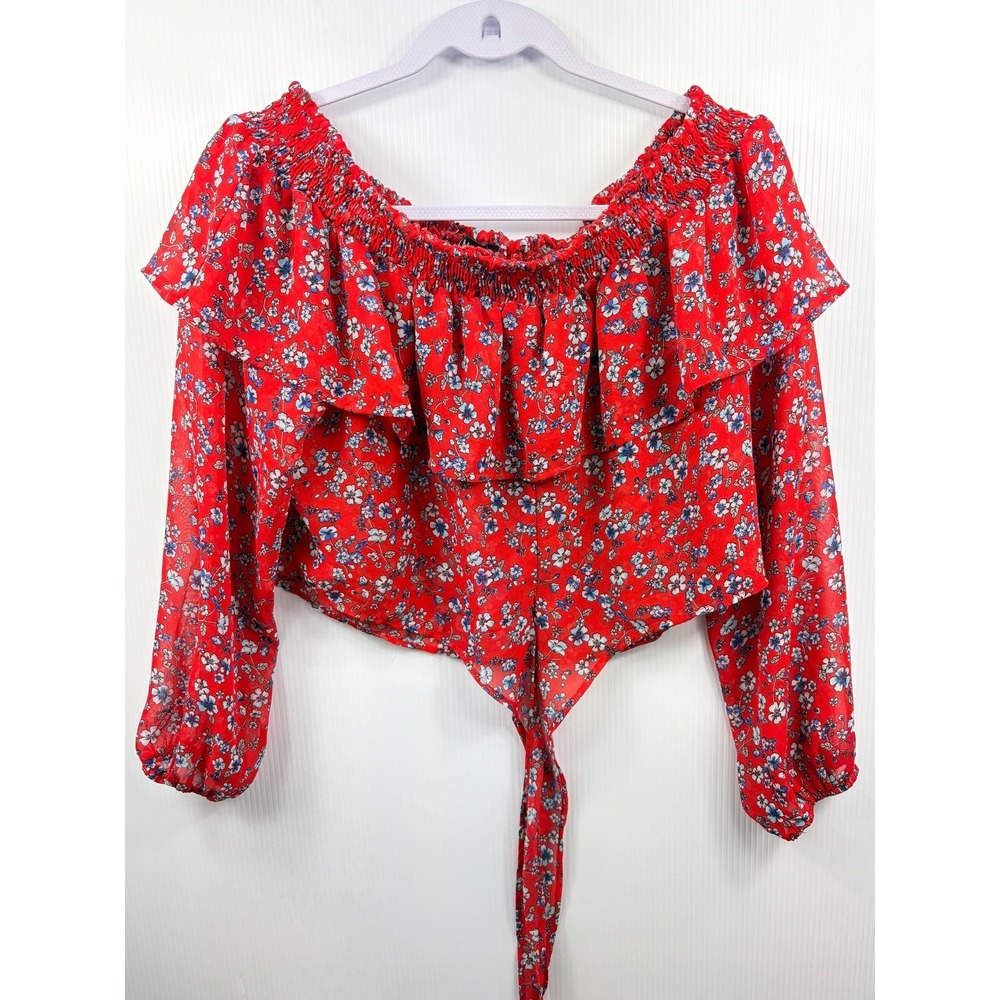 Timing Floral Off Shoulder Crop Top Red Smocked Flounce Tie Boho Cottage - Picture 3 of 7